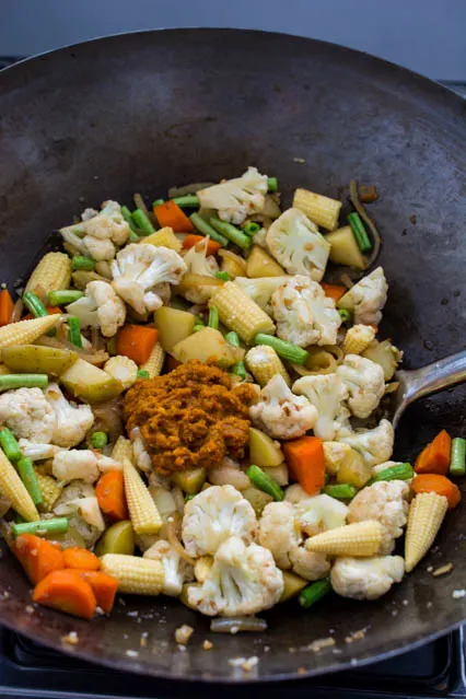 thai yellow curry paste on vegetables