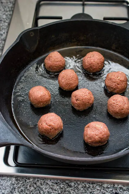 beef bulgogi meatballs in cast iron skillet