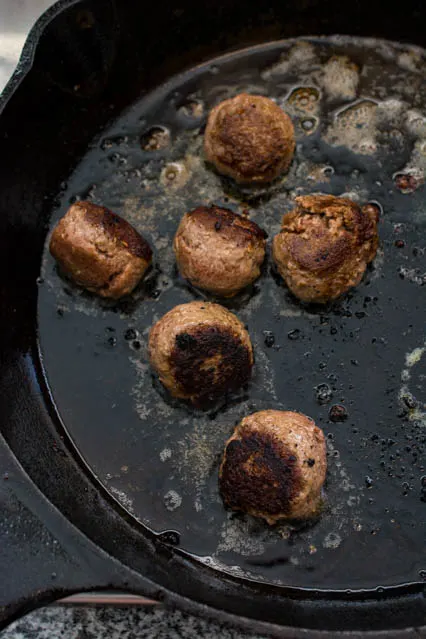 seared beef bulgogi meatballs in skillet