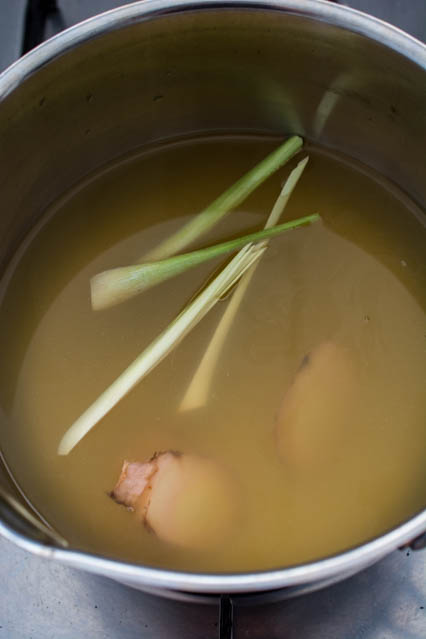 lemongrass and galangal in chicken stock