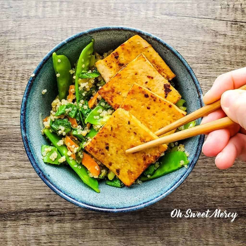 garlic, ginger, lime marinated tofu and quinoa