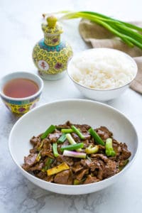 mongolian beef with steamed rice and tea