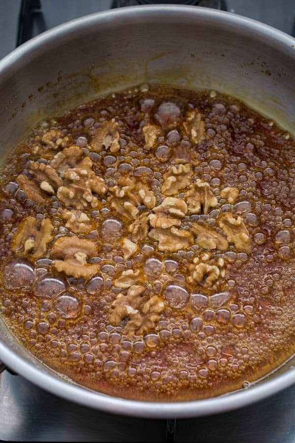 candied walnuts in saucepan