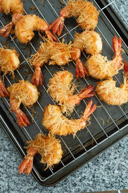 Deep-Fried Shrimp Wrapped in Vermicelli Noodles on cooling rack