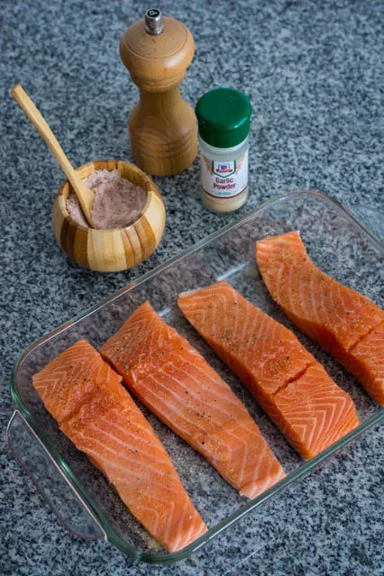 seasoning salmon fillets with salt, pepper and garlic powder