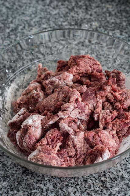beef slices coated in cornstarch for mongolian beef