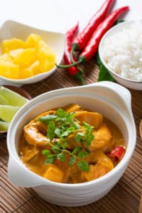 Thai Pineapple Shrimp Curry in a white bowl
