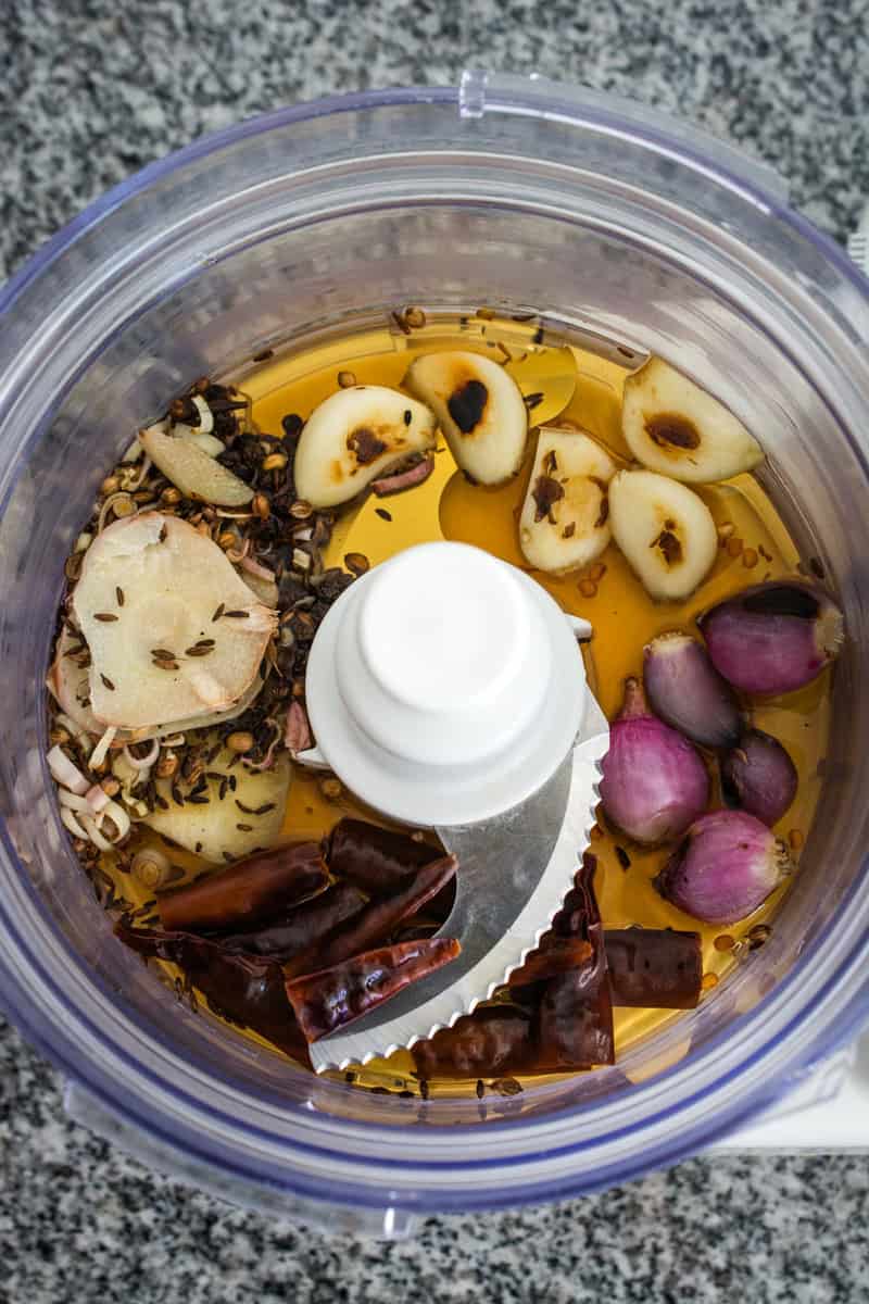 massaman curry paste ingredients in a food processor