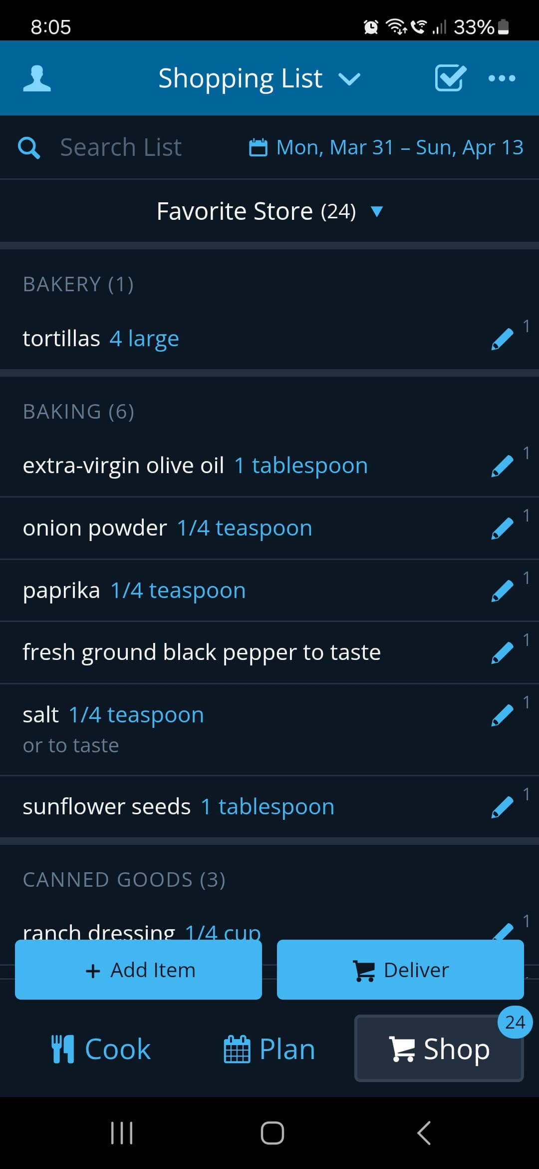 mobile screenshot of plantoeat shopping list feature