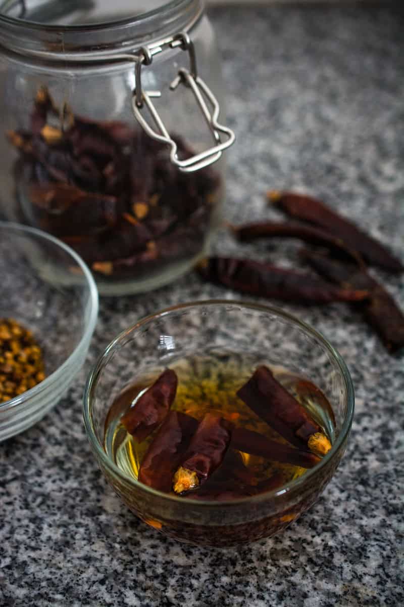 soaking dried red chilies