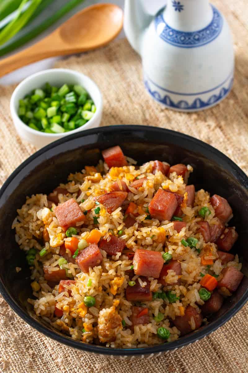 spam fried rice with crispy spam cubes