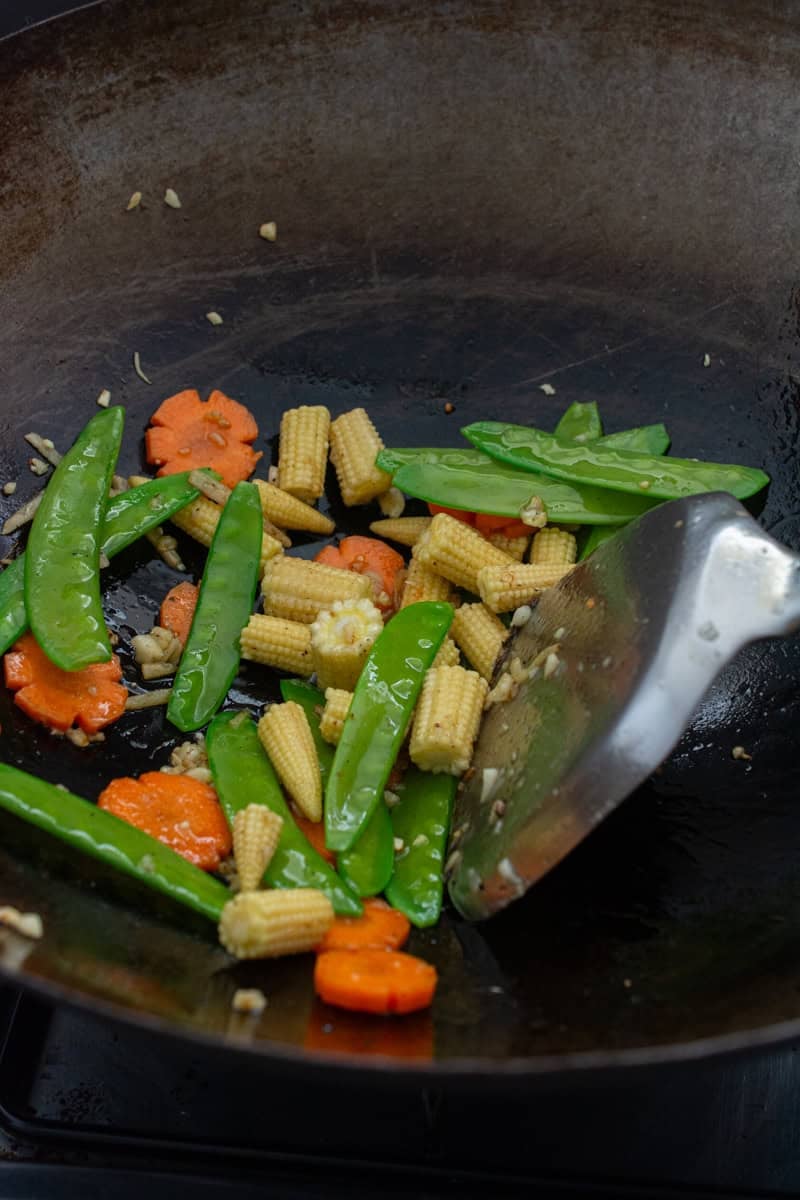 carrots, baby corn and snow peas stir fry