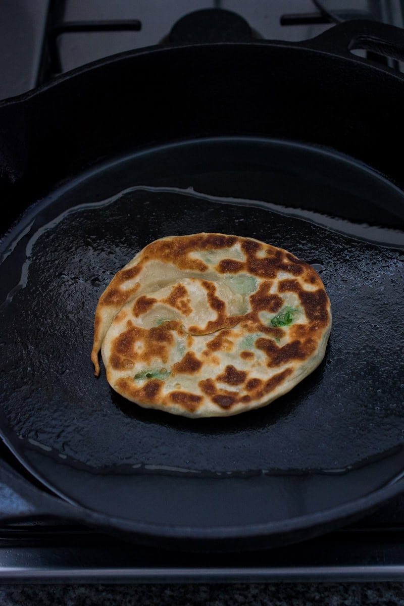 chinese scallion pancake in a skillet