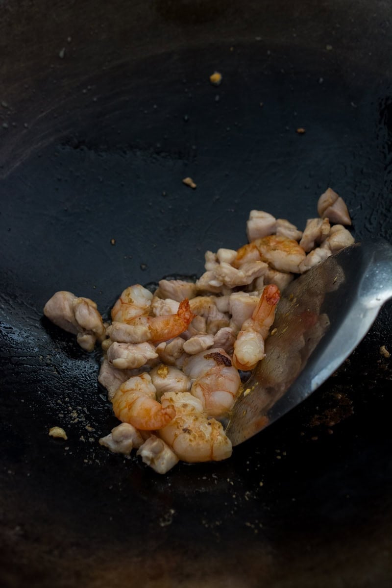 shrimp and pork in a wok