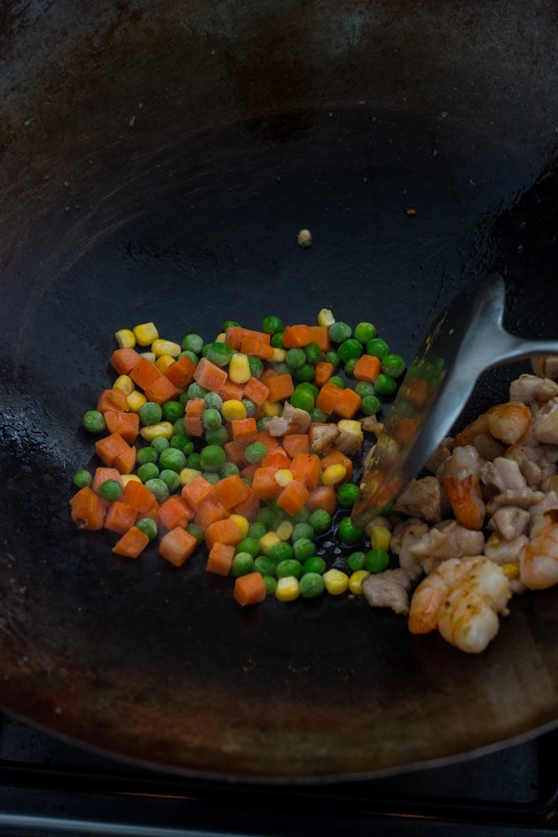frozen mixed veggies in a wok